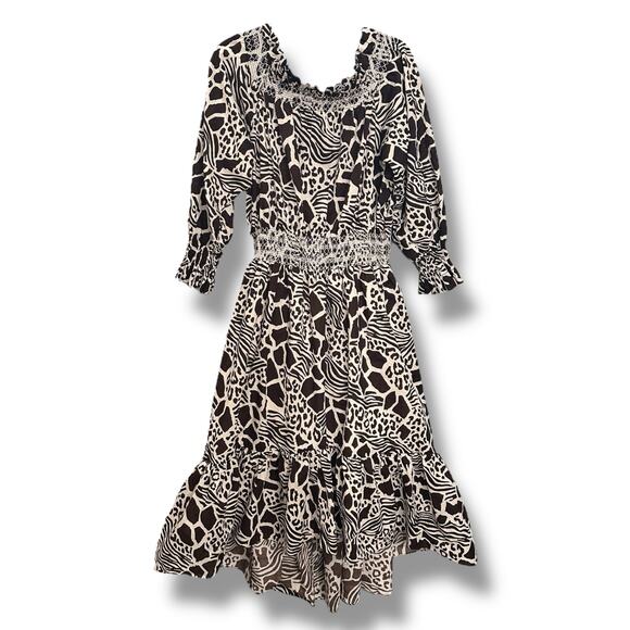 Adam Lippes Size 14 Smocked‎ Off Shoulder Midi Dress Brown Mixed Animal Print - Picture 4 of 13